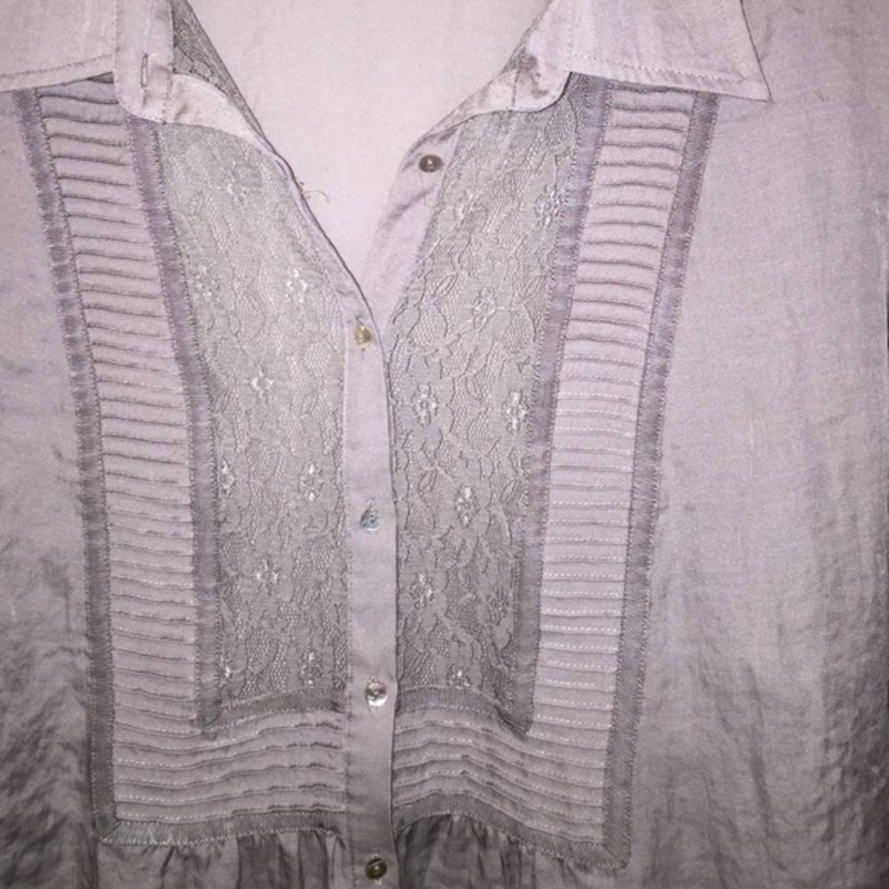 Avenue Grey Distressed Button Lace Trim Blouse - Picture 2 of 4